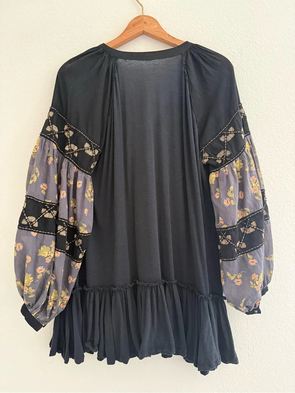 Free People Mix it beaded boho Mini flowy Dress Floral Balloon Sleeves